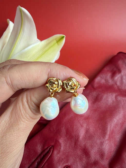 Rose Baroque Pearl Earrings - Gold Vermeil